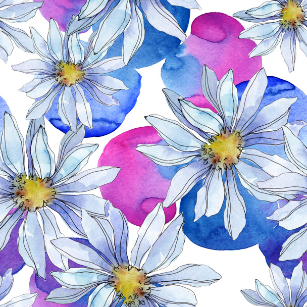 daisies with green leaves watercolor illustration, seamless background pattern - Foto, afbeelding