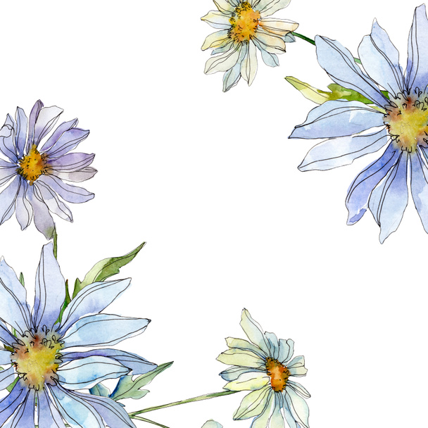 daisies with green leaves watercolor illustration set, frame border ornament with copy space - Φωτογραφία, εικόνα