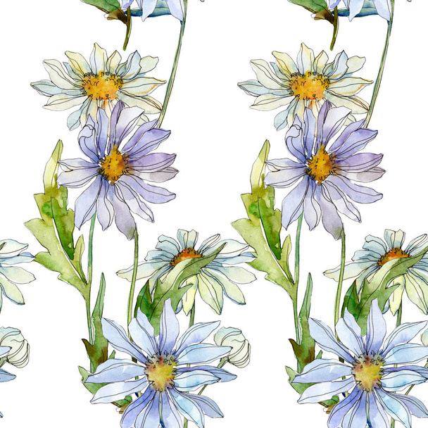 daisies with green leaves watercolor illustration, seamless background pattern - Фото, зображення