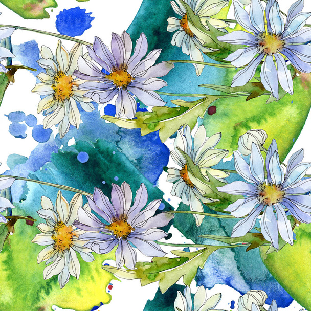 daisies with green leaves watercolor illustration, seamless background pattern - Photo, image