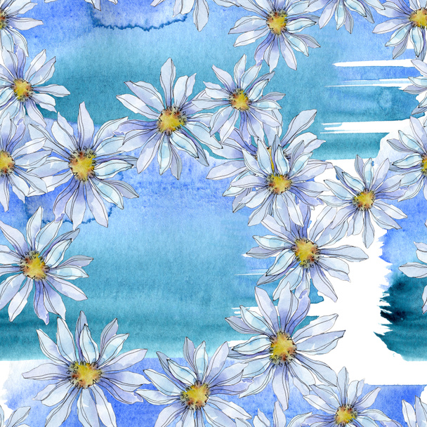 daisies with green leaves watercolor illustration, seamless background pattern - Фото, изображение