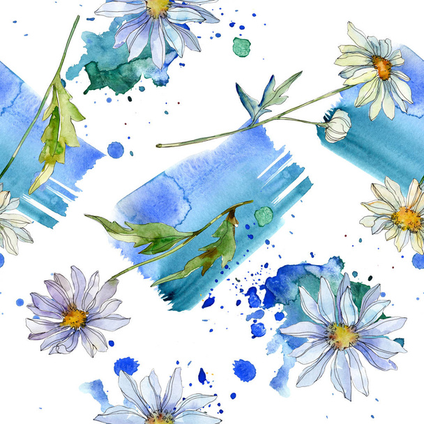 daisies with green leaves watercolor illustration, seamless background pattern - Foto, Imagen