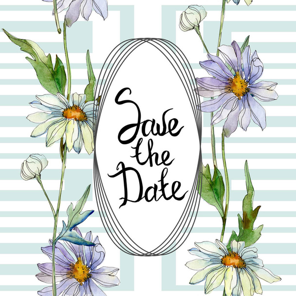 chamomiles and daisies with green leaves watercolor illustration set, frame border ornament with save the date lettering - Photo, Image