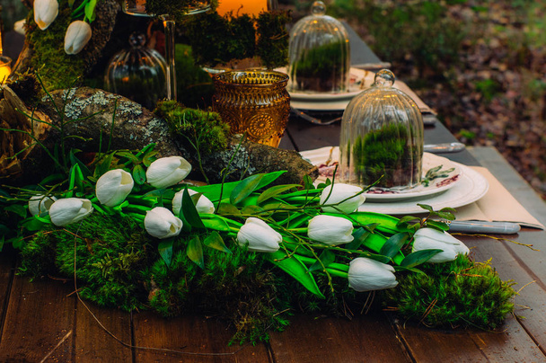 Decorazioni da tavola nuziale con tulipani e muschio
 - Foto, immagini