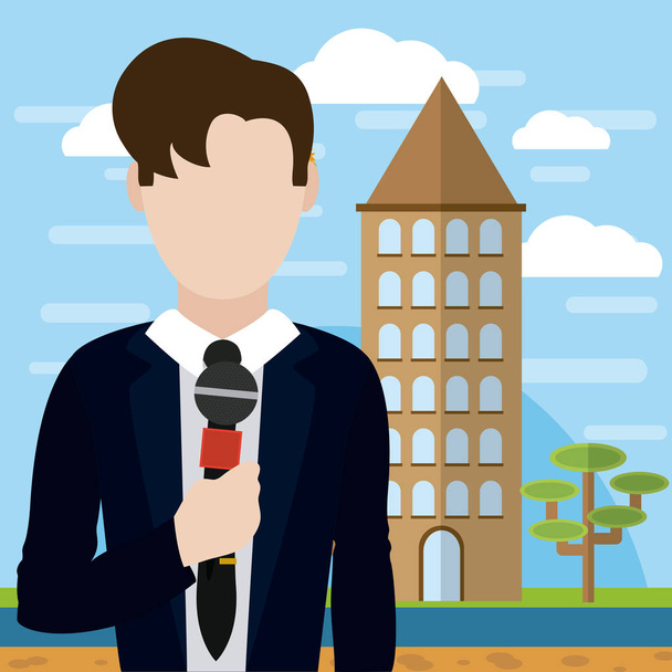 Male journalist reporter transmitting live with microphone vector illustration graphic design - Vector, Image