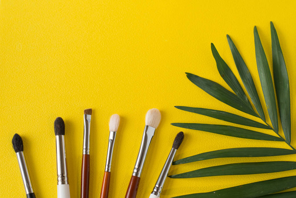 Sarı izole fırçalar makyaj. arka plan yapmak. renkli - Fotoğraf, Görsel