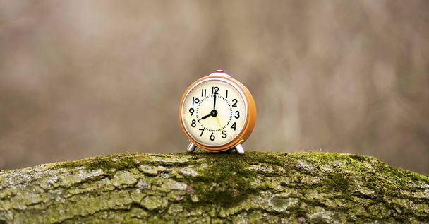 Daylight savings time - web banner of an alarm clock as standing on a wood - Photo, Image