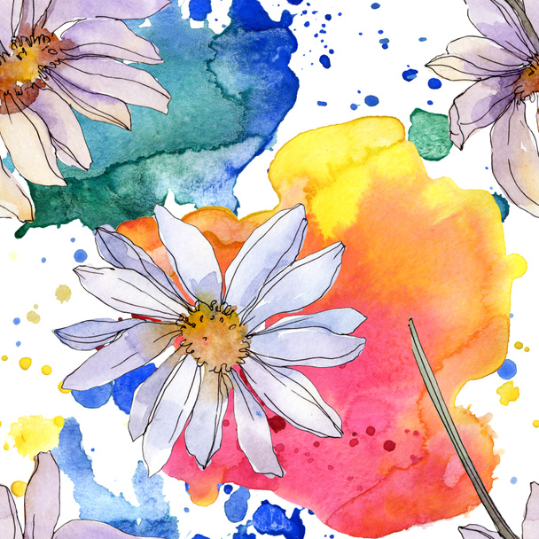 chamomiles and daisies with green leaves watercolor illustration, seamless background pattern - 写真・画像