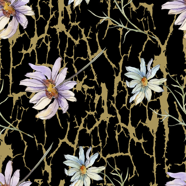chamomiles and daisies with green leaves watercolor illustration, seamless background pattern - Photo, image