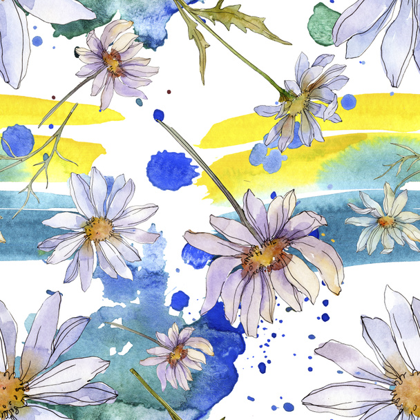 chamomiles and daisies with green leaves watercolor illustration, seamless background pattern - Zdjęcie, obraz