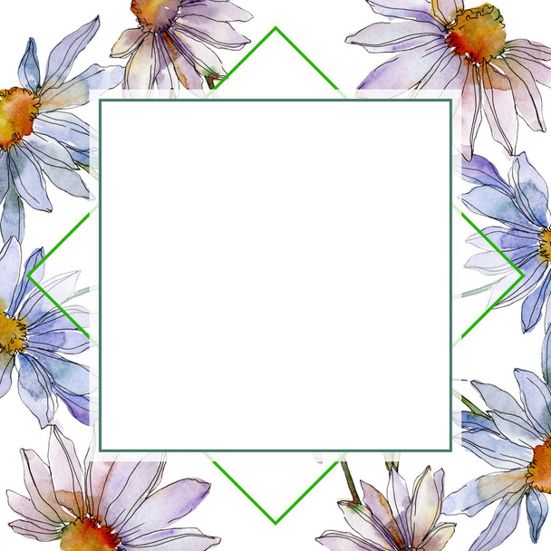 chamomiles and daisies with green leaves watercolor illustration set, frame border ornament with copy space - Fotó, kép