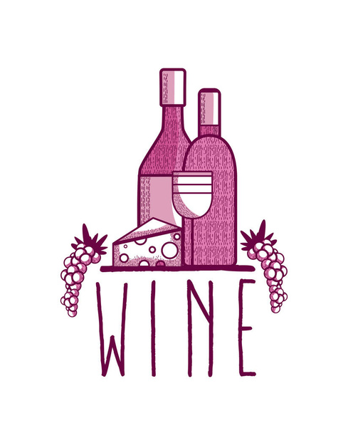 Garrafas de vinho com copo e queijo ilustração vetorial design gráfico
 - Vetor, Imagem