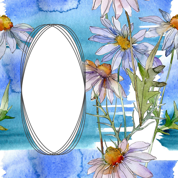 chamomiles and daisies with green leaves watercolor illustration set, frame border ornament with copy space - Φωτογραφία, εικόνα