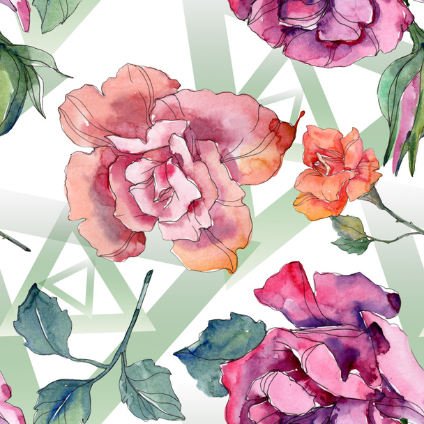 Red and pink rose floral botanical flower. Wild spring leaf isolated. Watercolor illustration set. Watercolour drawing fashion aquarelle. Seamless background pattern. Fabric wallpaper print texture. - 写真・画像