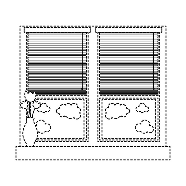 gestippelde shape venster met blinde gordijn en fower binnen de pot vectorillustratie - Vector, afbeelding