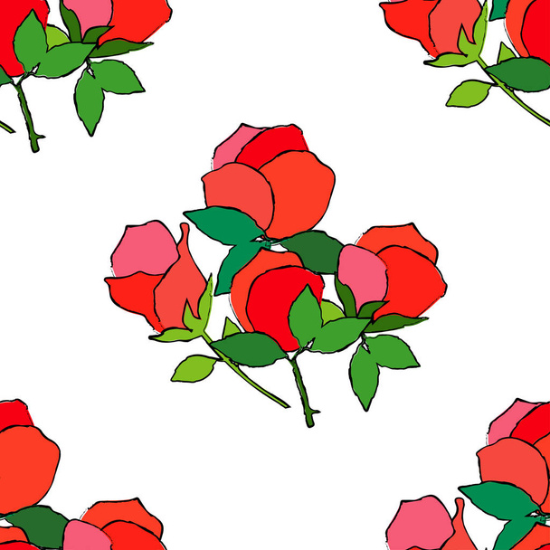 Seamless pattern with pink decorative roses with black stroke on white background. Summer garden. Can be used for wallpaper, textile, invitation card, wrapping, web page background. - Vektor, kép