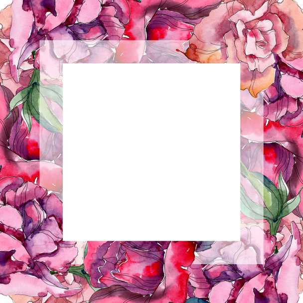 Red and pink rose floral botanical flower. Wild spring leaf wildflower isolated. Watercolor background illustration set. Watercolour drawing fashion aquarelle. Frame border ornament square. - 写真・画像