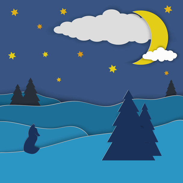 The Fox sits on a hill under the night sky with the Moon and stars. Illustration in paper cut style. Blue tones. - Vector, Image