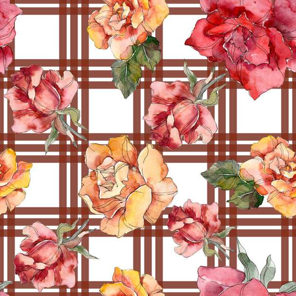 Orange and red Rose floral botanical flower. Wild spring leaf isolated. Watercolor illustration set. Watercolour drawing fashion aquarelle. Seamless background pattern. Fabric wallpaper print texture. - Photo, Image