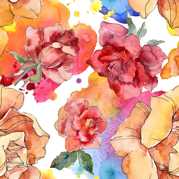 Orange and red Rose floral botanical flower. Wild spring leaf isolated. Watercolor illustration set. Watercolour drawing fashion aquarelle. Seamless background pattern. Fabric wallpaper print texture. - Fotoğraf, Görsel