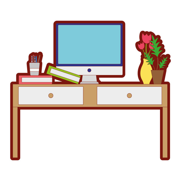 line color wood desk object with drawers and computer vector illustration - Vector, Image