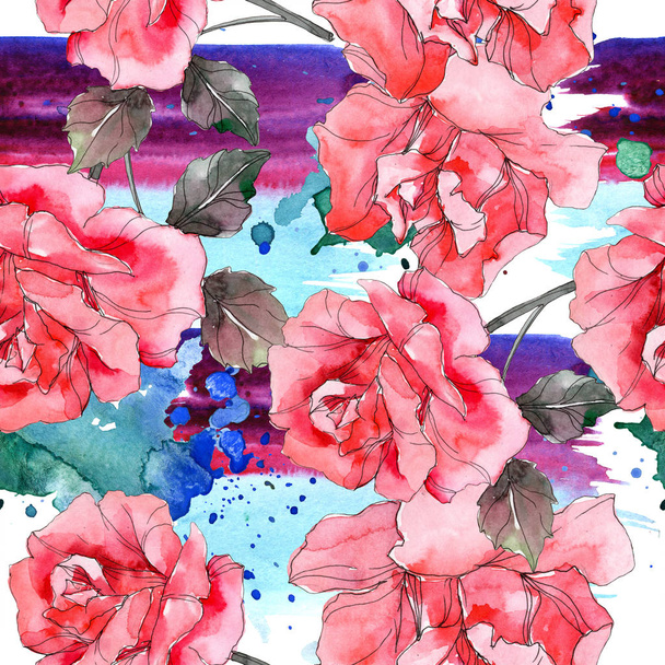 Vaaleanpunainen ruusu kukka kasvitieteellinen kukka. Villi kevään lehti eristetty. Vesivärikuvitussarja. Vesiväri piirustus muoti akvarelli. Saumaton taustakuvio. Kangas tapetti tulostaa rakenne
. - Valokuva, kuva