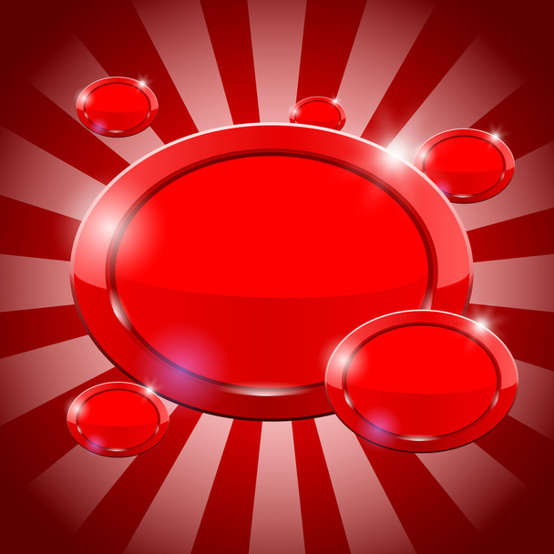 サンバーストと赤い背景の上の異なるサイズで楕円形の着色されたボタン - ベクター画像