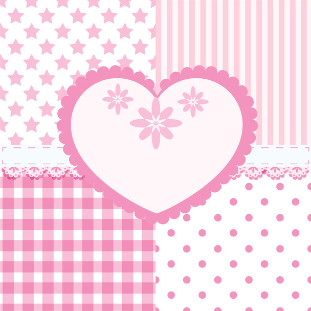 Vector set of heart and 4 seamless background patterns in light pink - Vektör, Görsel