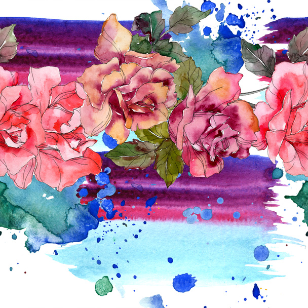 Růžové růže květinové botanické květin. Divoký jarní listové izolované. Sada akvarel ilustrace. Akvarel výkresu módní aquarelle. Vzor bezešvé pozadí. Fabric tapety tisku textura. - Fotografie, Obrázek
