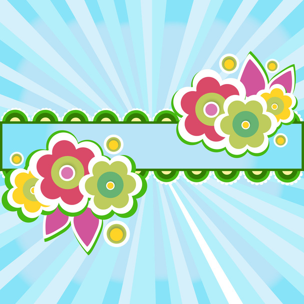 Frame with flowers on blue background with sunburst - Vector, imagen