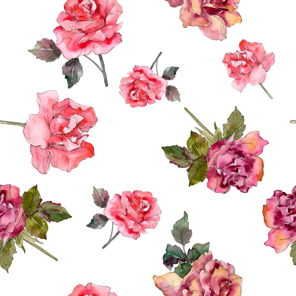 Pink rose floral botanical flower. Wild spring leaf isolated. Watercolor illustration set. Watercolour drawing fashion aquarelle. Seamless background pattern. Fabric wallpaper print texture. - Foto, Imagem