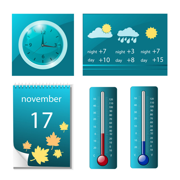 Set of weather icons, clock, calendar - Vector, Image