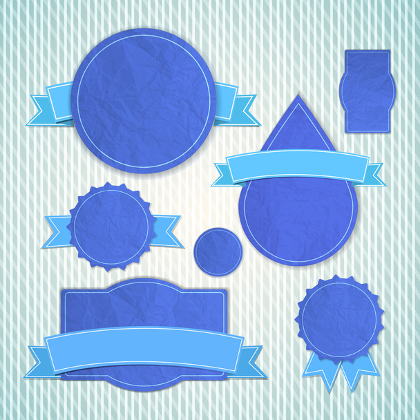 Blue textured vintage emblems of different shapes with bent empty ribbon tapes over - Vector, Image