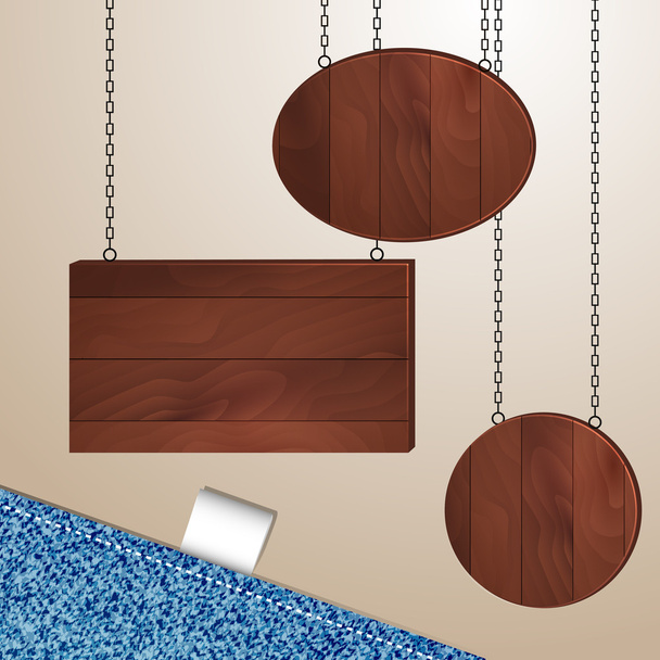 Wooden boards hanging on metal chains - Vector, Image