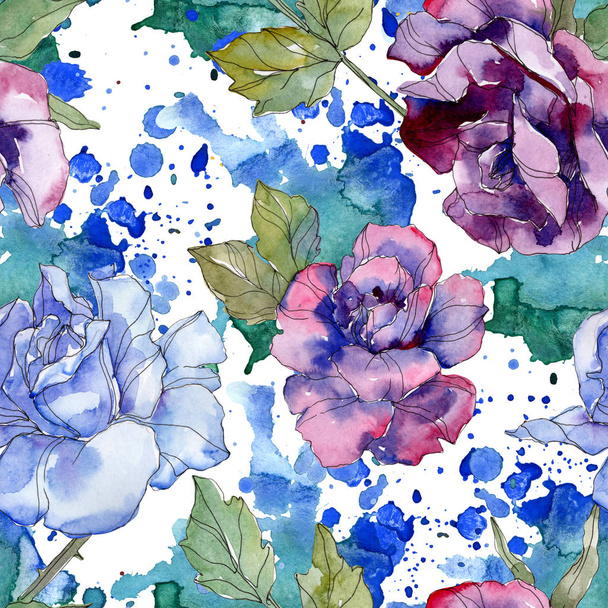 青と紫バラ花植物の花。野生春葉が分離されました。水彩イラスト セット。水彩描画 aquarelle。シームレスな背景パターン。壁紙印刷手触りの生地. - 写真・画像