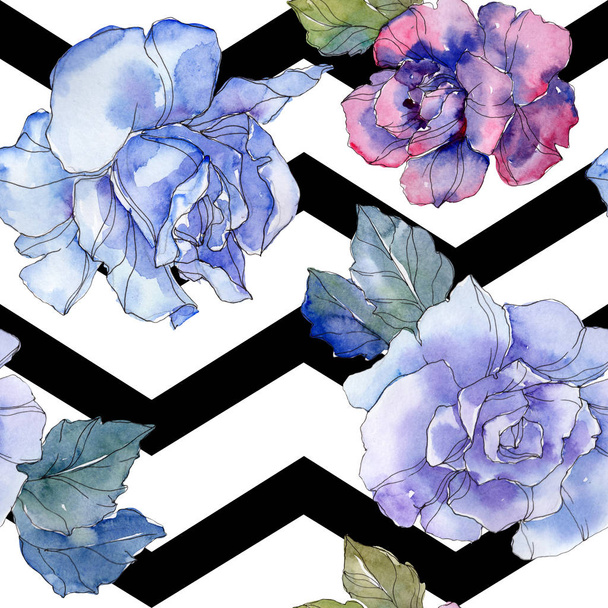 Kék és lila Rózsa virág botanikai virág. Vad tavaszi levél elszigetelt. Akvarell illusztráció készlet. Akvarell, rajz aquarelle. Varratmentes háttérben minta. Anyagot a nyomtatási textúrát. - Fotó, kép