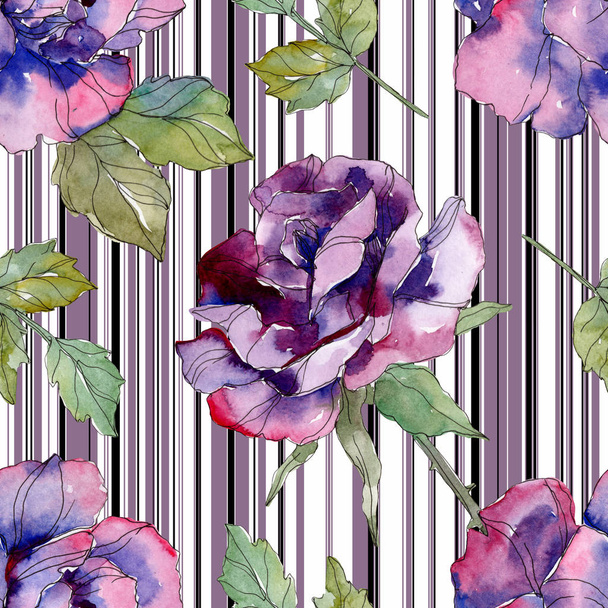 Blue and purple rose floral botanical flower. Wild spring leaf isolated. Watercolor illustration set. Watercolour drawing aquarelle. Seamless background pattern. Fabric wallpaper print texture. - 写真・画像