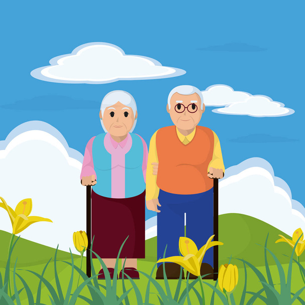 Cute grandparents couple on nature vector illustration graphic design - Vector, Image