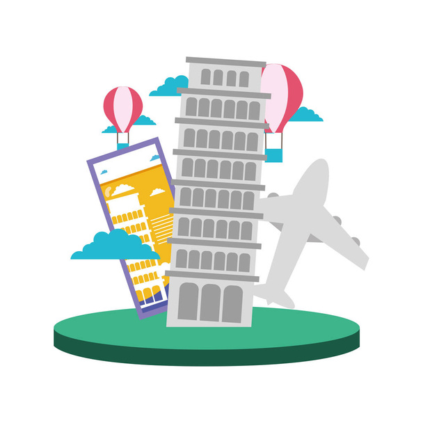 colorful leaning tower of pisa with ticket and air plane vector illustration - Vector, Image