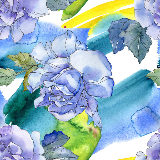 Blue and purple rose floral botanical flower. Wild spring leaf isolated. Watercolor illustration set. Watercolour drawing aquarelle. Seamless background pattern. Fabric wallpaper print texture. - Фото, зображення