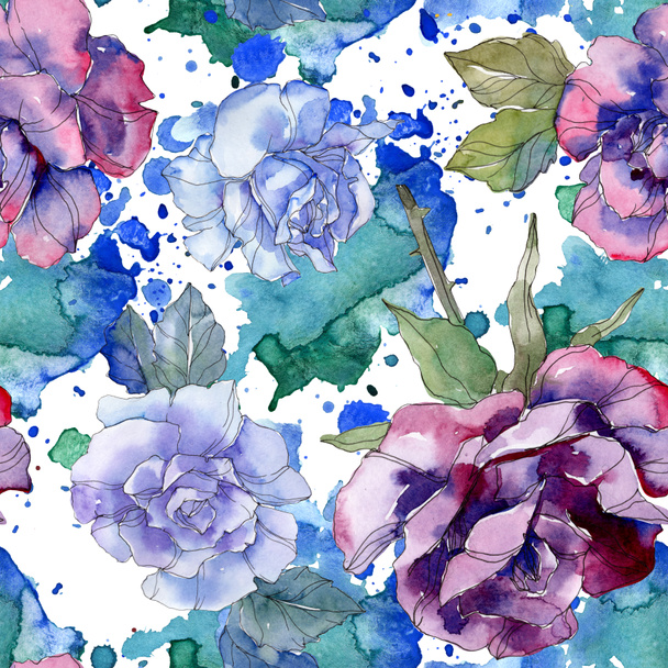 Blue and purple rose floral botanical flower. Wild spring leaf isolated. Watercolor illustration set. Watercolour drawing aquarelle. Seamless background pattern. Fabric wallpaper print texture. - Fotó, kép