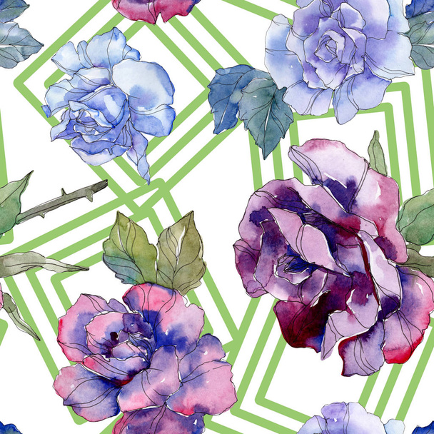 Mavi ve Mor gül botanik çiçek. Vahşi bahar yaprak izole. Suluboya resim kümesi. Suluboya çizim aquarelle. Sorunsuz arka plan deseni. Kumaş duvar kağıdı yazdırma doku. - Fotoğraf, Görsel