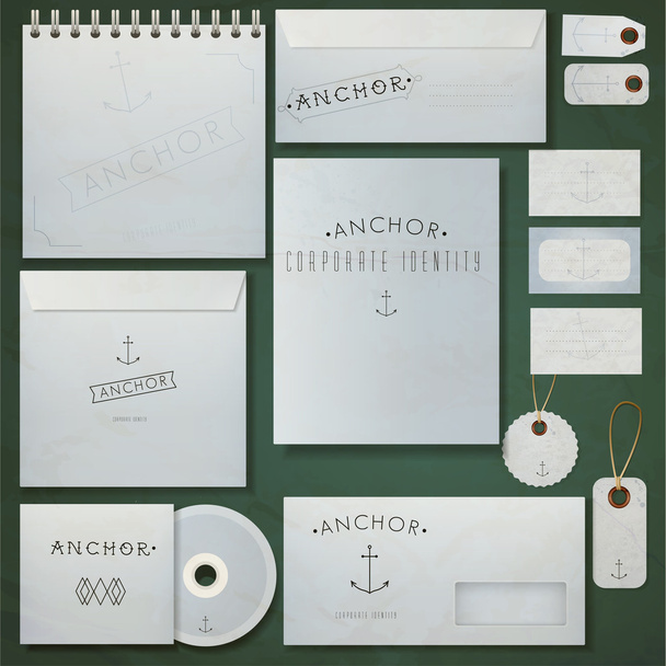 Set of paper envelopes, notebook and visiting cards with inscription "anchor". Vector illustration - Vector, Image