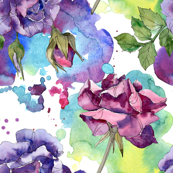 Purple and red rose botanical flowers. Wild spring leaf isolated. Watercolor illustration set. Watercolour drawing fashion aquarelle. Seamless background pattern. Fabric wallpaper print texture. - Foto, immagini