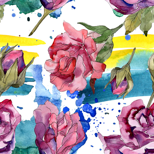 Purple and red rose botanical flowers. Wild spring leaf isolated. Watercolor illustration set. Watercolour drawing fashion aquarelle. Seamless background pattern. Fabric wallpaper print texture. - Φωτογραφία, εικόνα