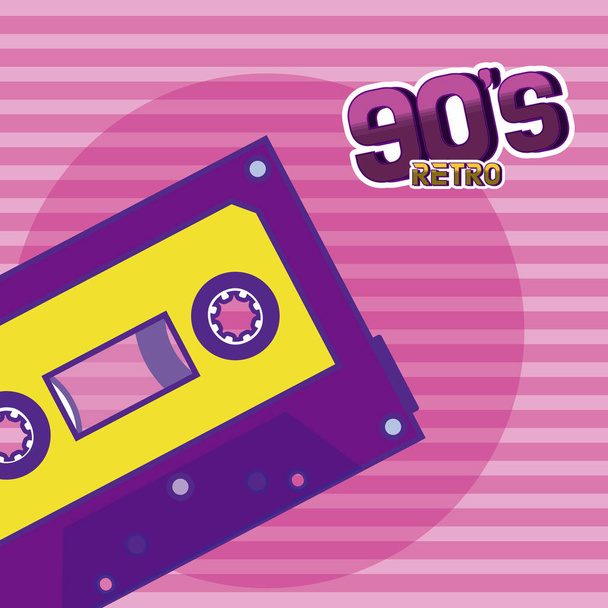 Desenhos animados retro dos anos 90 com cassete de música sobre fundo listrado vetor ilustração design gráfico
 - Vetor, Imagem