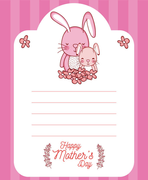 Happy mothers day card with cute rabbits cartoons vector illustration graphic design - Vector, Image