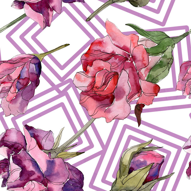 Purple and red rose botanical flowers. Wild spring leaf isolated. Watercolor illustration set. Watercolour drawing fashion aquarelle. Seamless background pattern. Fabric wallpaper print texture. - Фото, зображення