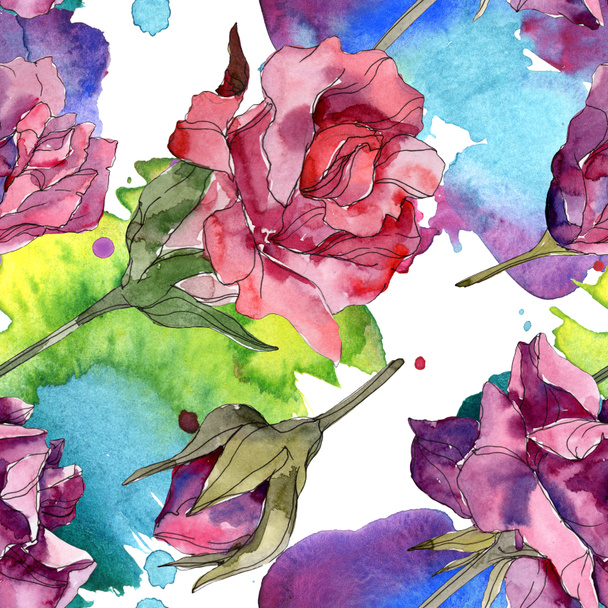 Purple and red rose botanical flowers. Wild spring leaf isolated. Watercolor illustration set. Watercolour drawing fashion aquarelle. Seamless background pattern. Fabric wallpaper print texture. - Fotó, kép