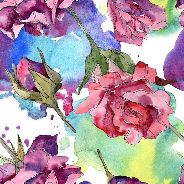Purple and red rose botanical flowers. Wild spring leaf isolated. Watercolor illustration set. Watercolour drawing fashion aquarelle. Seamless background pattern. Fabric wallpaper print texture. - Fotoğraf, Görsel